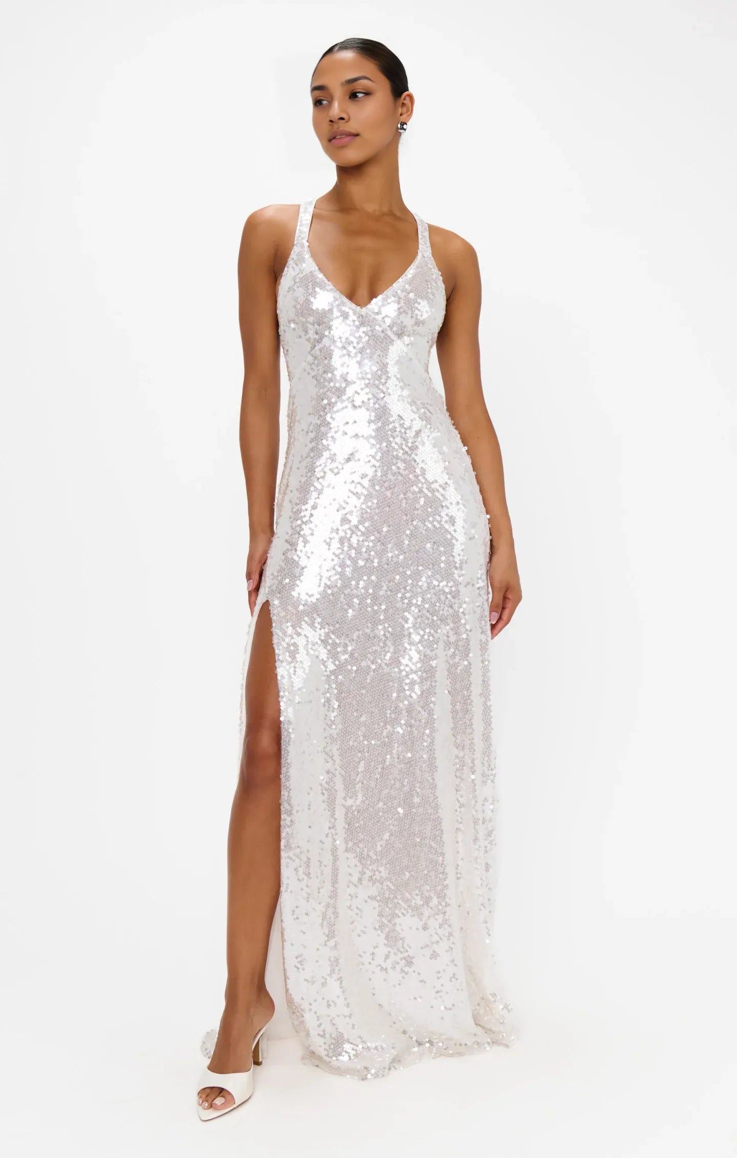 Weitese Dress V Neck Champagne Sleeveless Maxi Dress Column Sequins Backless Fashion Prom Dress With Slit